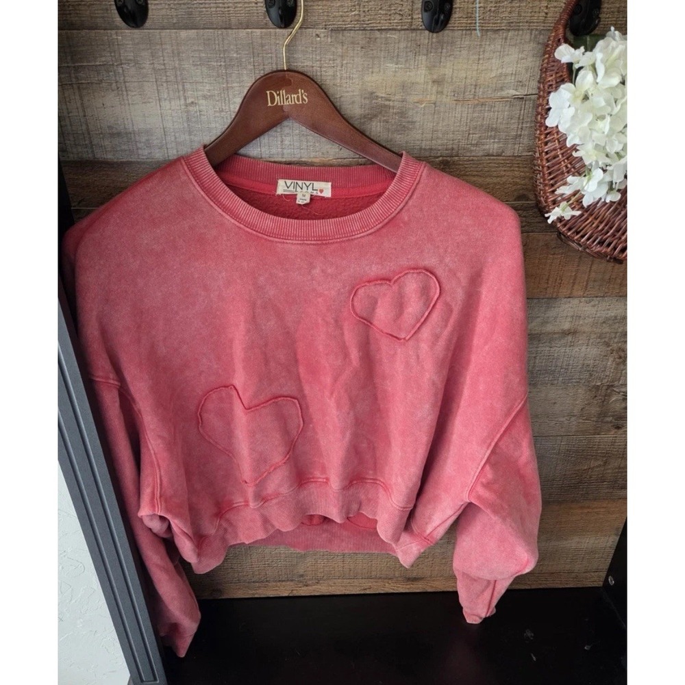 Vinyl Icons Red Acid Wash Heart Patch Cropped Sweatshirt Pullover XL